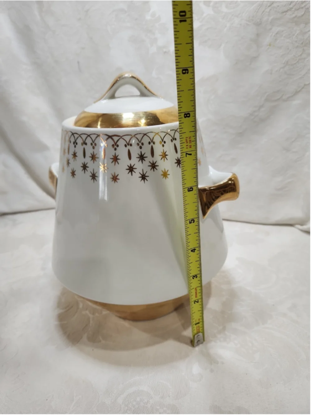 Vintage Flare Ware Hall China Lidded Cookie Jar Canister Atomic Stars Gold Lace